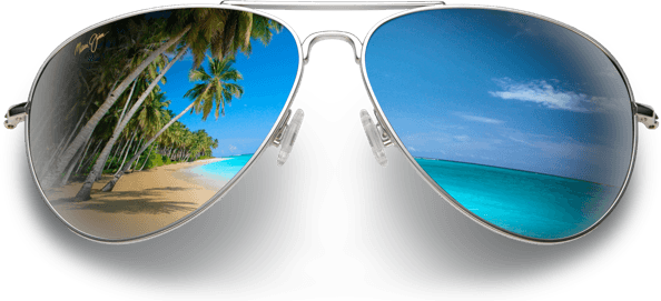 pair of maui jim sunglasses with the reflection of a beach in the lenses
